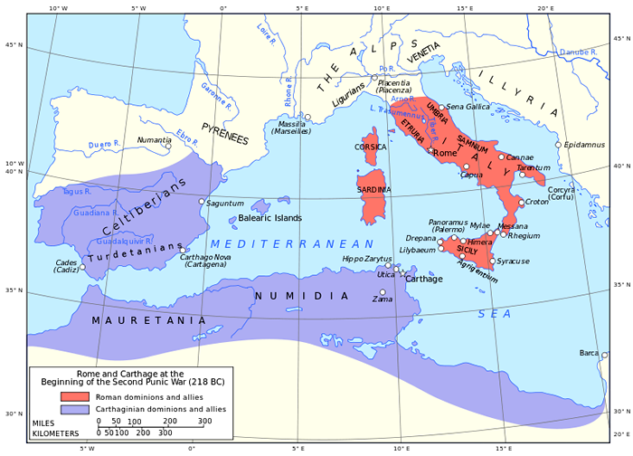 Picture Information: Map of Punic Wars between Carthage and Rome